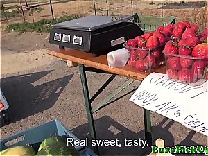 Czech teen selling strawberries and slit